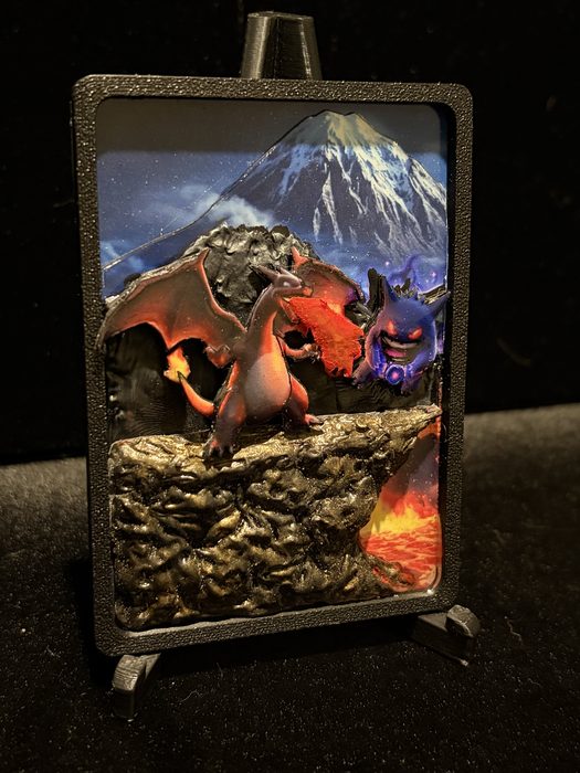 Custom 3D Charizard and Gengar mountain diorama Pokemon card art