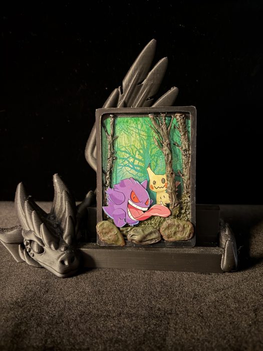 Custom 3D Gengar and Pikachu forest diorama Pokemon card art