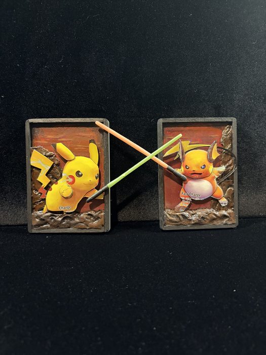 Custom 3D Pikachu and Raichu Pokemon card art diorama duo